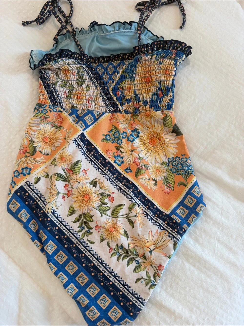 Agua Bendita Girls Floral Patchwork One-Piece Swimsuit in Blue and Orange
